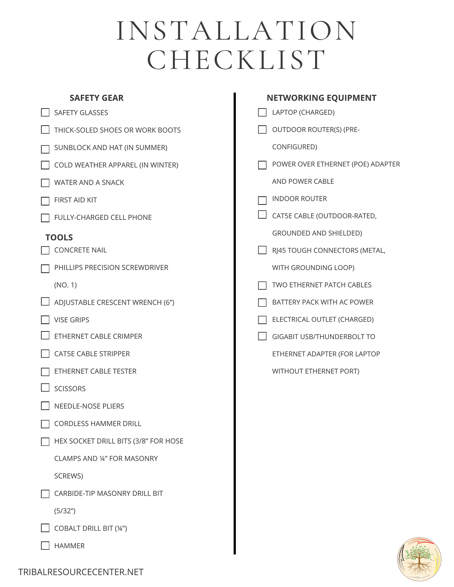 Installer checklist - Tribal Resource Center